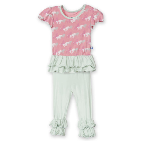 Desert Rose Wild Horses Short Sleeve Double Ruffle Outfit Set by KicKee Pants
